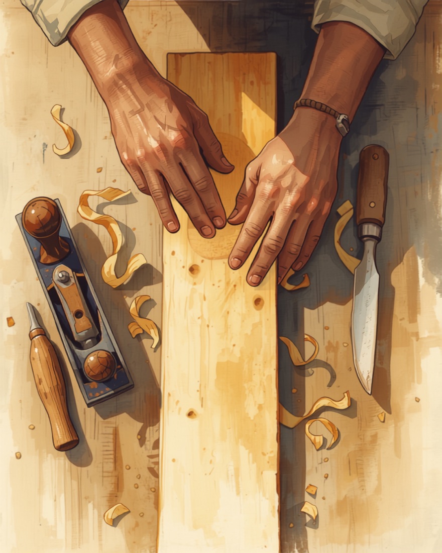Illustration of hands smoothing a plank of wood at a carpenter's bench, shavings curling nearby