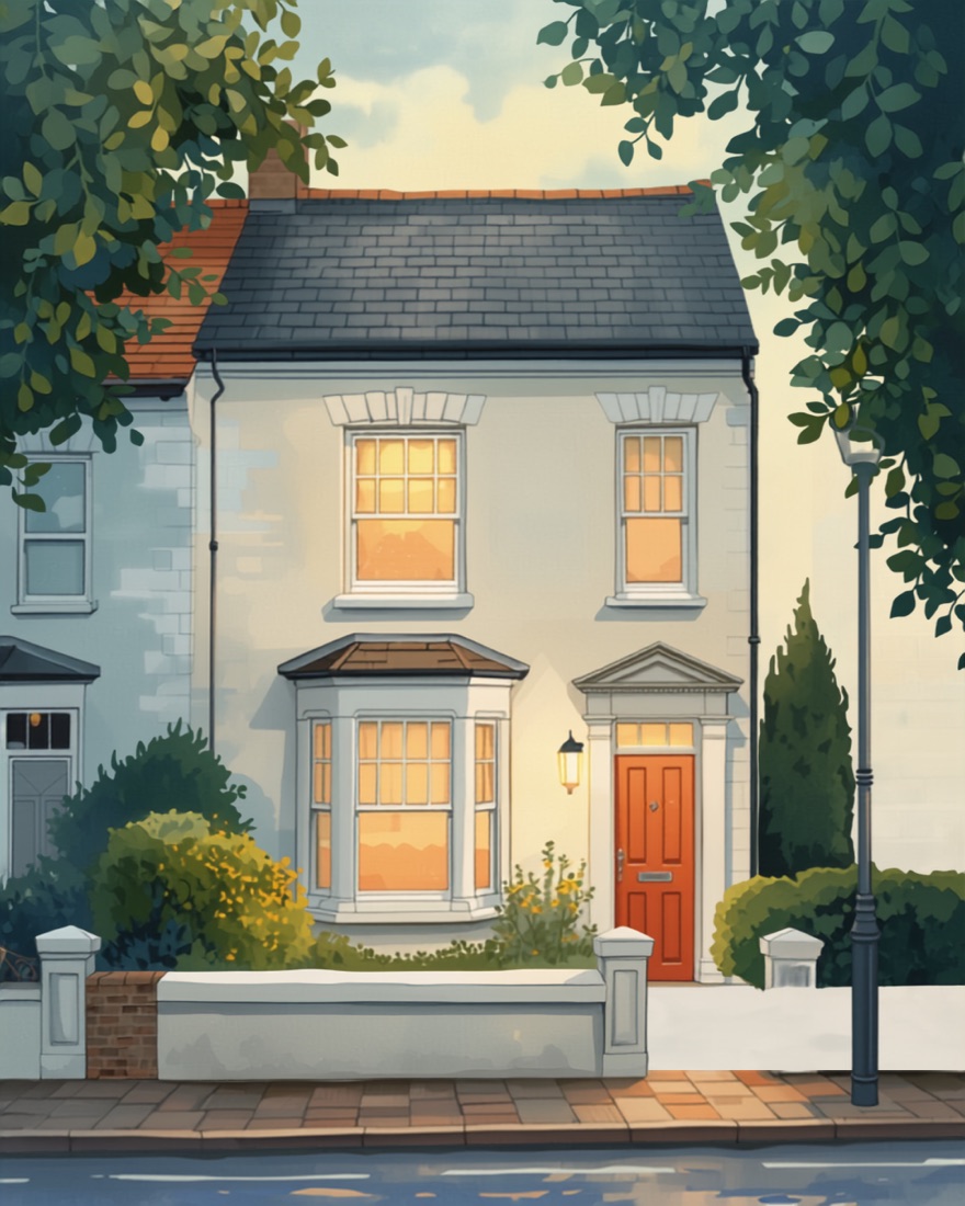 Illustration of a house at dusk with glowing windows and trees