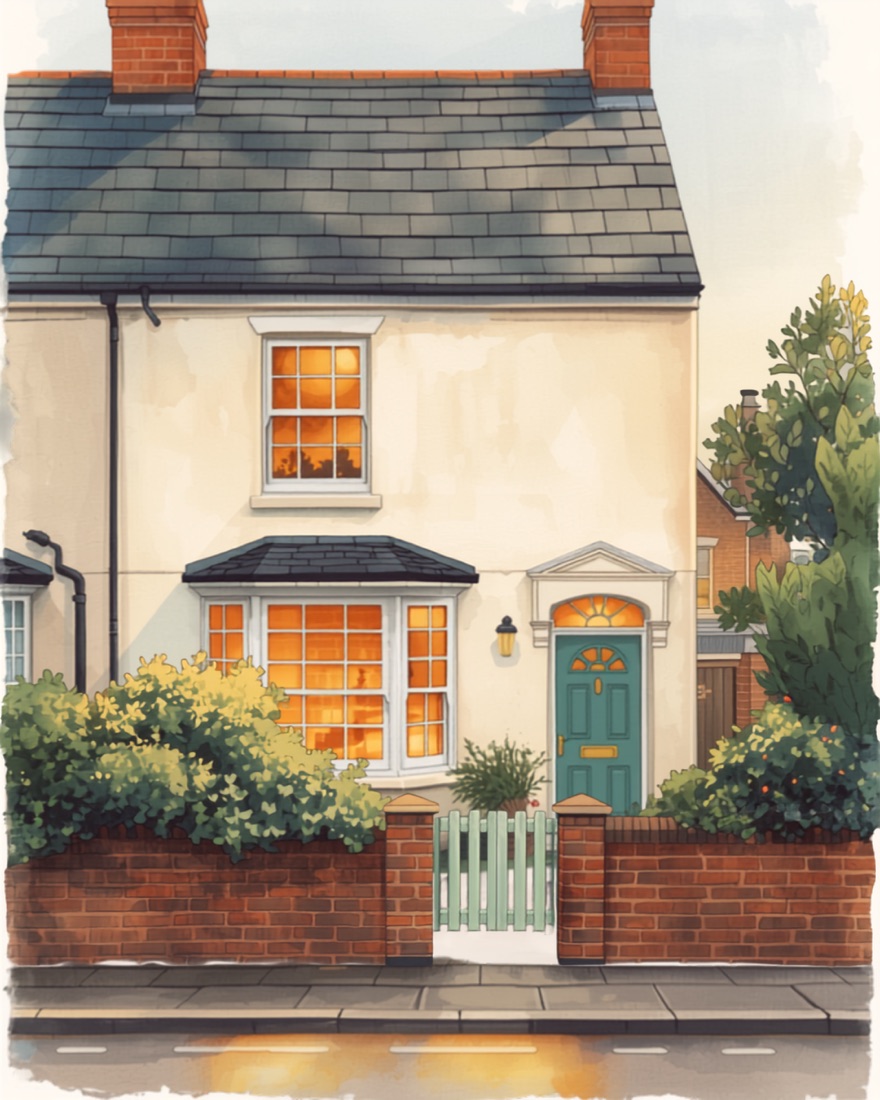 Illustration of a cream house with a mint-green gate and bay window