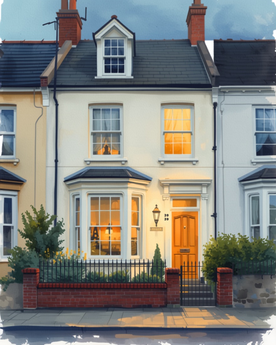 Illustration of a warmly lit terraced house with an amber front door