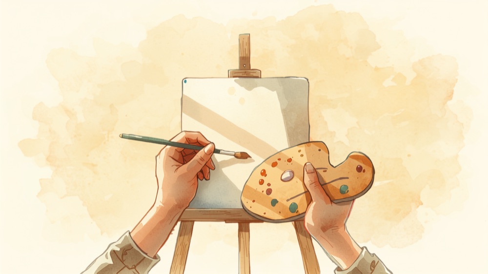 Illustration of hands painting at an easel with a brush and palette