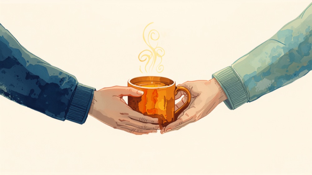 Illustration of a steaming mug of tea being passed from one pair of hands to another