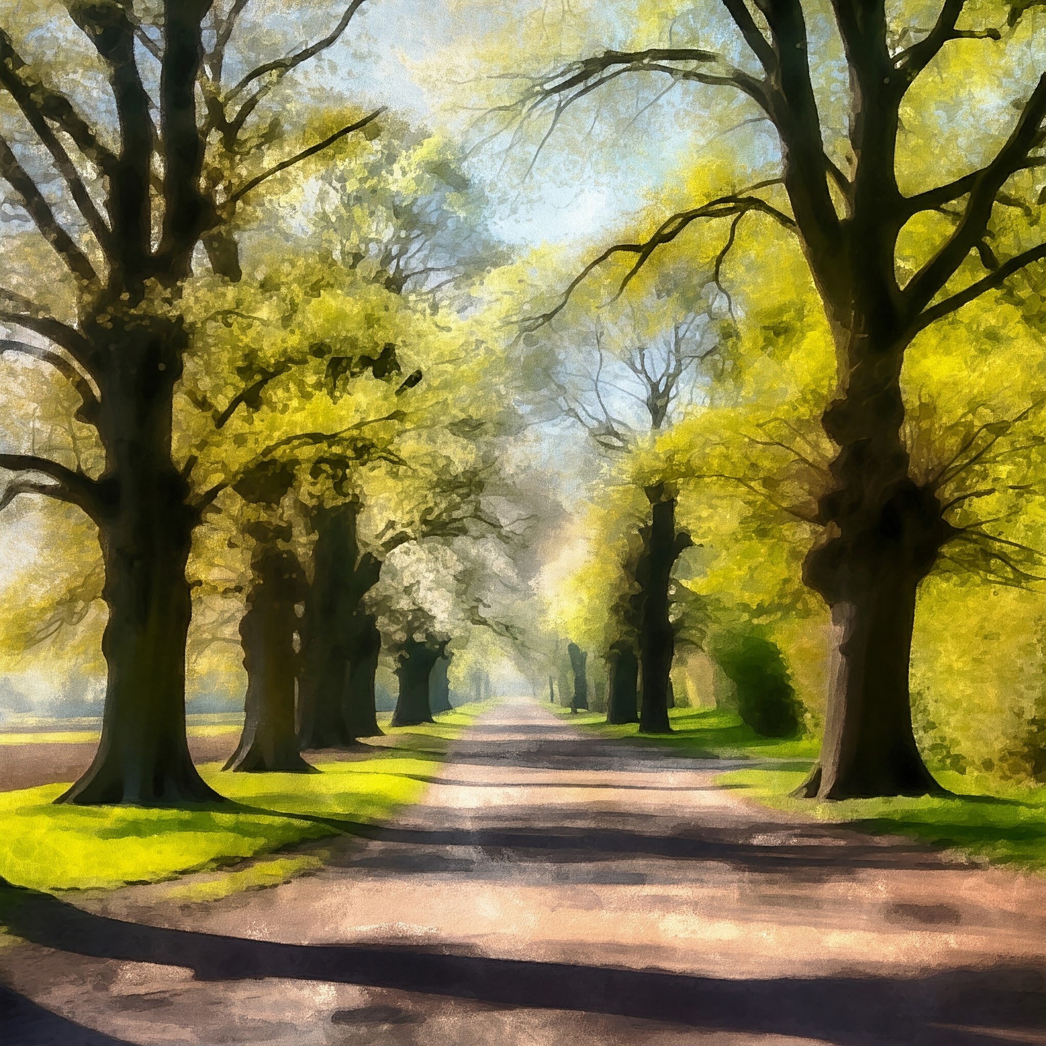 A sunlit, tree-lined pathway