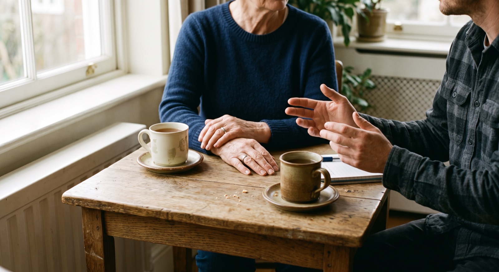 Two people talking across a small table with mugs of tea by a bright window