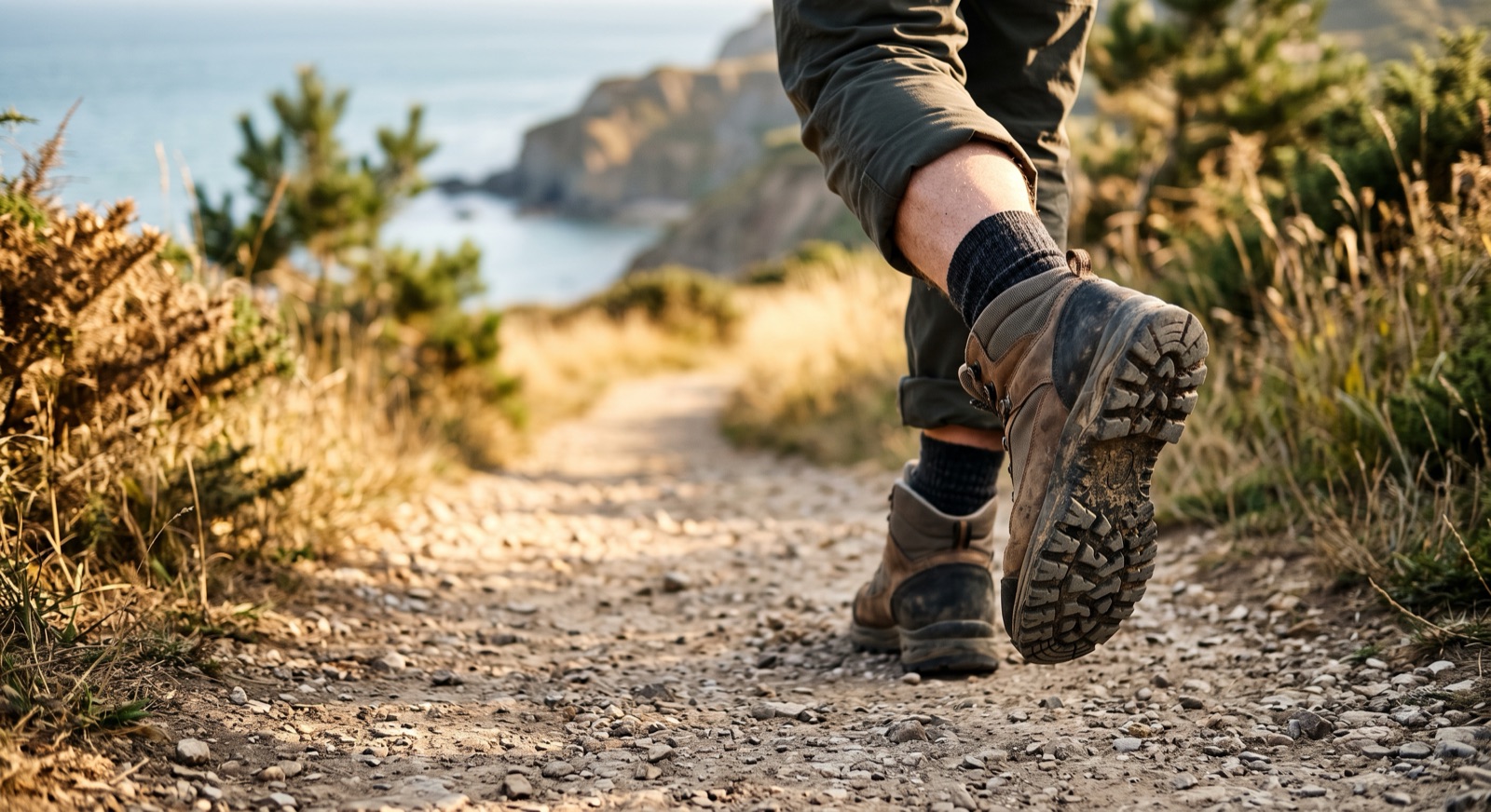Walking boots striding along a sunlit coastal path