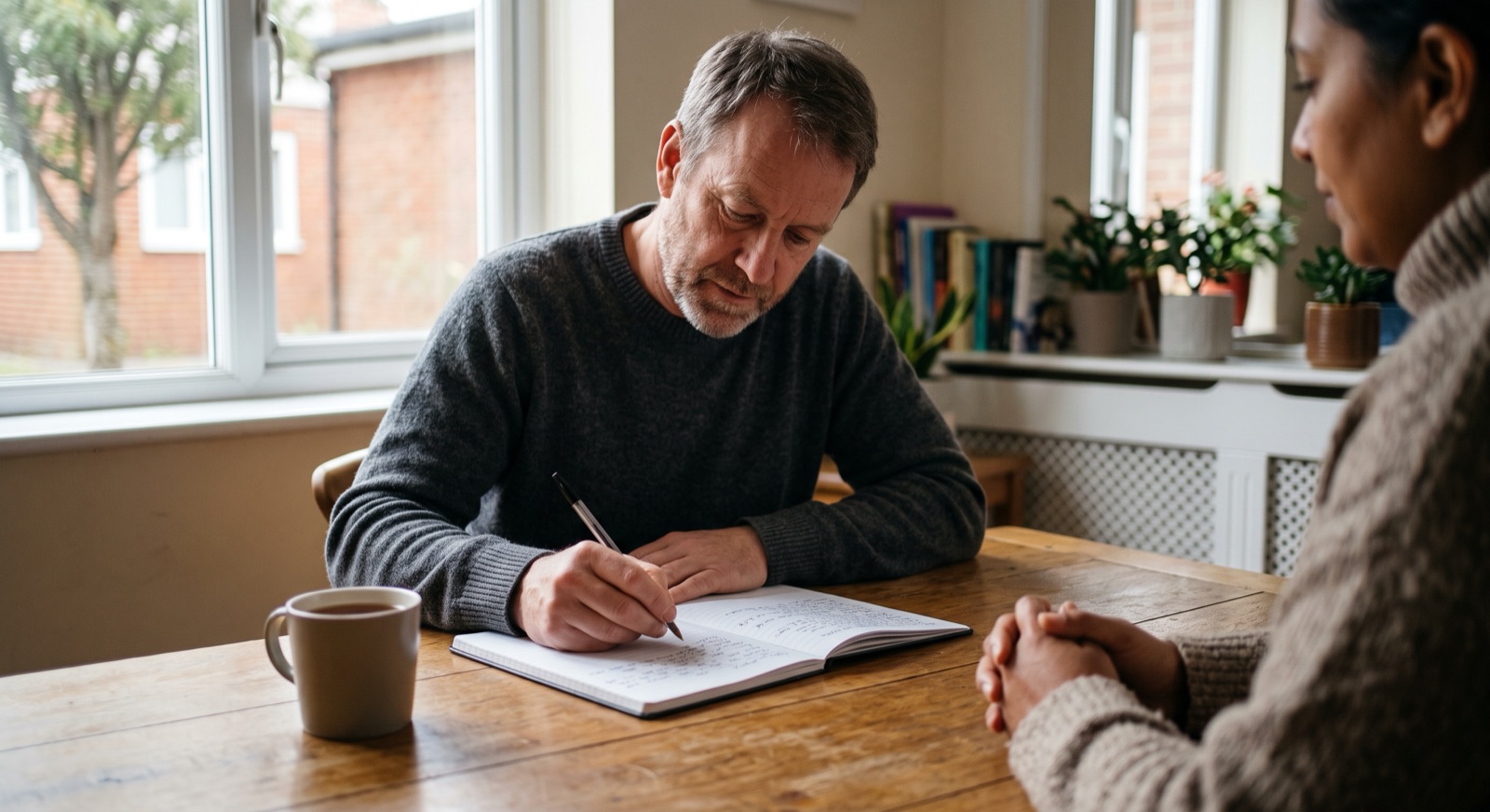 A key worker writing a care plan during a one-to-one meeting